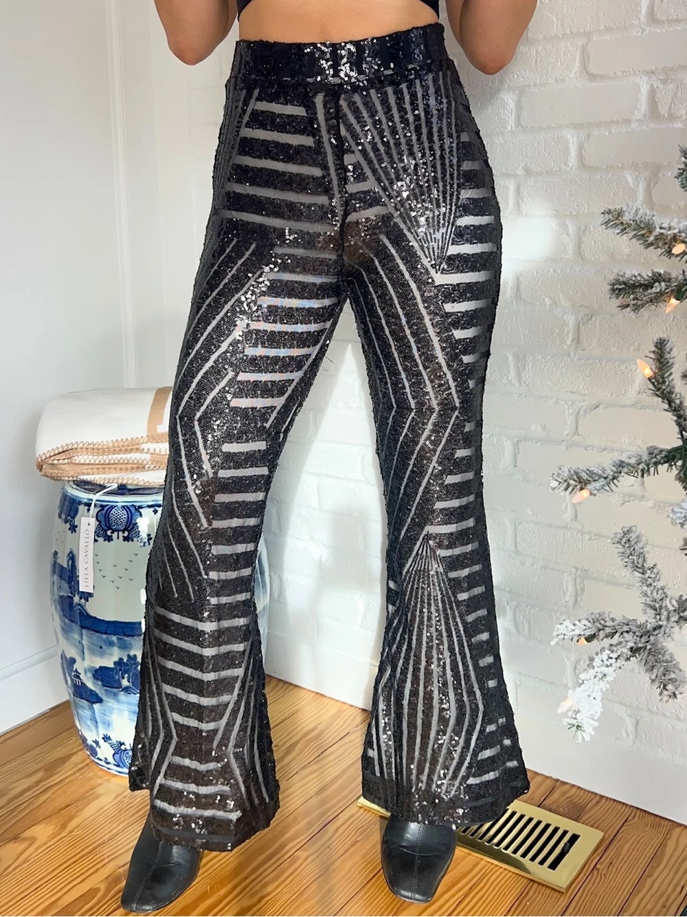 Black Sequin Geometric Flare Pants